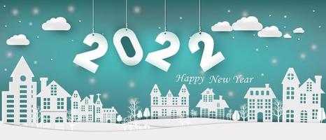 2022 feliz año nuevo.Corte de papel 2022 palabra para festival de año nuevo.Tarjeta, feliz, diseños de lujo de concepto vectorial y celebración de año nuevo. vector