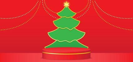 Christmas tree with red podium and gold ball decorations. Vector background with papercut style