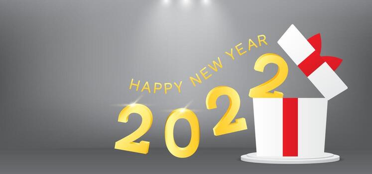 Happy New Year 2022 with a unique style that comes out of a gift. 2022 gold number on grey studio with lights vector