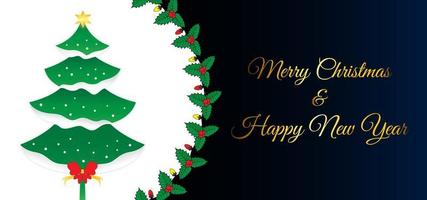 Christmas and Happy New Year card with Christmas tree and Christmas wreath decoration. Vector background with luxury golden text