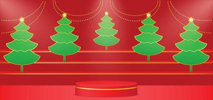 Christmas tree with red podium and gold ball decorations. Vector background