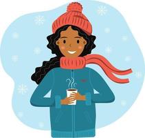 Happy smiling african american girl in winter cloth with cup of hot drink in her hands. Falling snowflakes. Girl in warm cloth. Winter mood. Hello winter. Vector illustration.