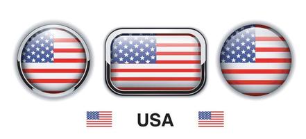 Estados Unidos, botones de la bandera americana, iconos de vector brillante 3d.