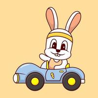 Cute Rabbit Driving Car Cartoon Vector Icon Illustration. Animal Transportation Icon Concept Isolated Vector. Flat Cartoon Style.
