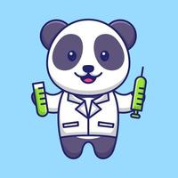 Lindo doctor panda con ilustración de icono de vector de dibujos animados de jeringa. concepto de mascota de salud animal. estilo de dibujos animados plana