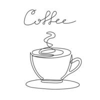 Continuous one line drawing of cup of coffee with steam and hand drawn lettering. Linear style. Vector illustration isolated on white background