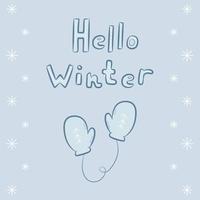 Hello Winter doodle lettering and mittens. Hand drawn text and winter element on background with snowflakes. Vector illustration