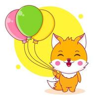 cute fox cartoon character holding balloons vector