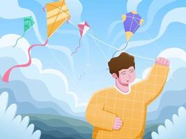 Cartoon illustration indian boy playing kite to celebrating Makar Sankranti festival. Kite festival tradition. Happy Makar Sankranti greeting card, postcard, banner, web, print, poster. vector