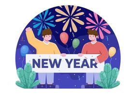 la gente está celebrando el año nuevo juntos ilustración de dibujos animados. la gente celebra el año nuevo con una fiesta. feliz año nuevo 2022 concepto de diseño de vector. tarjeta de felicitación, pancarta, póster, postal, web. vector