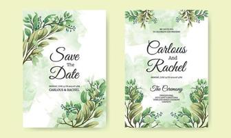 Beautiful wedding invitation card set with tropical leaves vector