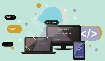 Programmer working on web development on computer. Concept of script coding and programming web site. Mobile app and computer software developing online courses banner, web landing page. vector