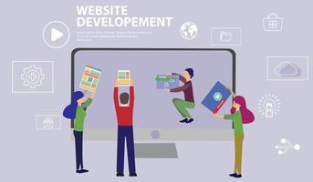 Web development. Project team of engineers for website create. Webpage building. UI UX design. Characters on a concept. Web agency. Template for programmer or designer. Vector illustration.