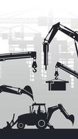 Background for mobile with silhouette of backhoe and heavy machinery over the city with building constructions vector