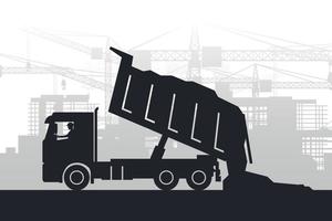 Silhouette of heavy machinery with operator unloading construction materials from truck on background of city with buildings under construction vector