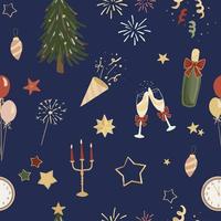 New Year eve hand-drawn seamless pattern. Repeating texture with countdown doodle elements on dark blue background. Festive pattern for gift wrapping paper, textile, cover. Vector illustration.