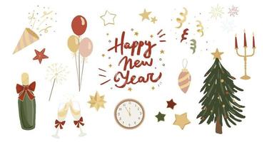 Set of cute hand-drawn new year elements with Happy New Year lettering. Confetti, champagne, clock, xmas tree, stars and sparkler. Collection of Countdown party doodles. vector