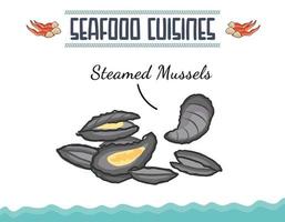 Hand drawn marine mollusks seafood cuisine. Menu, recipes template with realistic seafood elements. Vintage clams, oysters, cockles, mussels top view sketches. vector