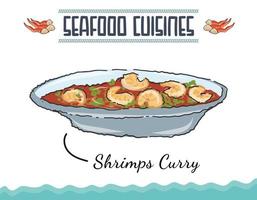 Doodled Shrimps Curry seafood cuisine vector. Salmon, Shrimp fried, Hamburg steak and Katsu toppings. Vector illustration in sketch doodled style. Minimal colored isolated vector illustration.