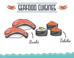 Doodled style seafood cuisine sushi set. Different types of sushi and rolls. Traditional japan roll, gunkan with tobiko caviar, original with Philadelphia cheese and lava sauce, salmon and king prawn vector