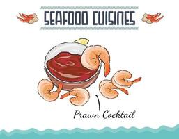 Doodled syle illustration of Prawn cocktail, a seafood cuisine set. Prawn cocktail with lemon and shrimps. Minimal coloured isolated vector illustration