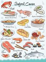 cocina de mariscos establece ilustraciones de vectores de mariscos. pescados, sushi rolls, ostras, mejillones, bogavante, calamar, pulpo, cangrejos, langostinos, filete de pescado, luminaria y algas. animales marinos garabateados estilo.