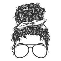 Cara de mujer con moño desordenado afro con gafas ilustración de arte de línea de vector de peinados vintage.