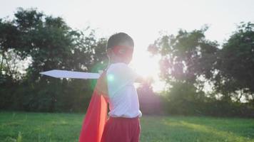Vorderansicht des Jungen, der im Park Schwert mit Sonnenlichthintergrund spielt, am Wochenende in den Park geht und ein Held ist. Heldenkostümkonzept video