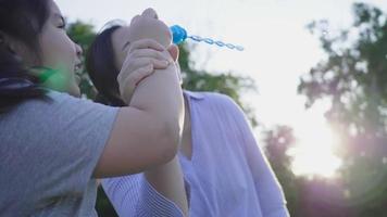 asiatisk mamma och flicka blåser bubbla i parken, leker bubbla tillsammans på helgen, har kul och får lite frisk luft från stora träd i parken, spenderar tid på semestern i parken video