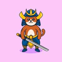 lindo gato samurai con personaje de espada vector