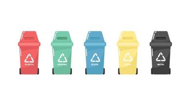 Recycle bins isolated on white background. Front view of five recycle plastic bins. vector