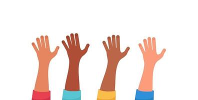 Different ethnic hands raised up isolated on White Background. Vector Illustration.