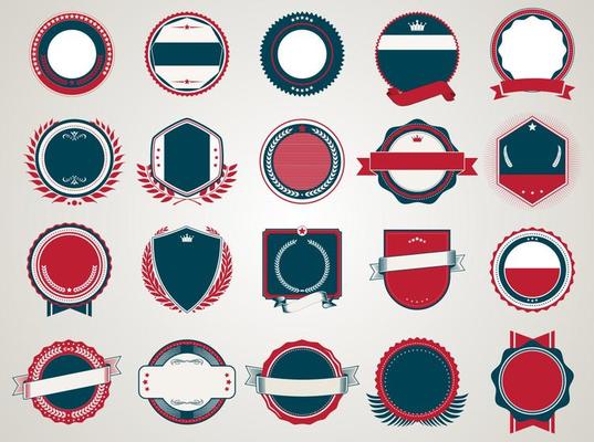 Collection of badges and labels blue and red colors
