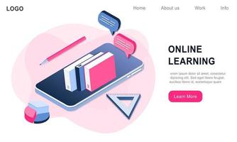 Modern 3d isometric concept of Online Education for banner website. Realistic landing page template vector illustration online learning, internet course, remote, tutorial on mobile phone application.