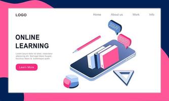 Modern 3d isometric concept of Online Education for banner website. Realistic landing page template vector illustration online learning, internet course, remote, tutorial on mobile phone application.