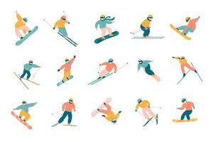 Active people snowboarding and skiing set vector