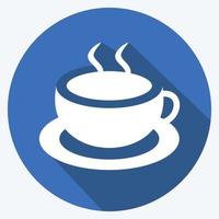 icono de café caliente en el moderno estilo de sombra larga aislado sobre fondo azul suave vector