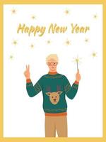 Happy New Year greeting card. A man in an ugly sweater holds sparklers in his hands. Flat vector illustration