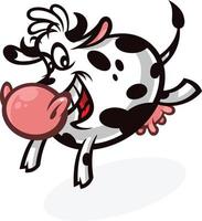 vaca linda de dibujos animados. emblema para imprimir. la vaca corriendo. la imagen está aislada sobre fondo blanco. mascota animal divertida. un personaje divertido para un juego o una caricatura. vector