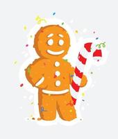 Gingerbread man with caramel cane. Vector illustration of a sticker. The image is isolated from the background. Ready for printing, web and messengers. A cute character is a mascot for the new year.