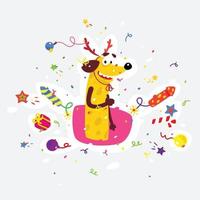 Yellow dog is the symbol of Chinese New Year. Vector flat illustration of a dog with crackers, fireworks, Bengal lights. The image is isolated from the background. The holiday mascot sticker.