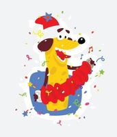 Yellow dog is the symbol of Chinese New Year. Vector flat illustration of a dog with an accordion. The image is isolated from the background. The holiday mascot sticker.