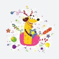 Yellow dog is the symbol of Chinese New Year. Vector flat illustration of a dog with crackers, fireworks, Bengal lights. The image is isolated from the background. The holiday mascot sticker.
