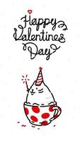 Kitty in a cup, spinning around. Video greeting card on the holiday. Happy Valentine's Day. Funny cat. Manual contour animation. Cute magician cat. Fulfills your desires.