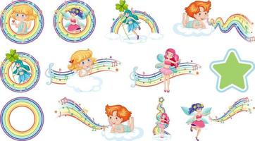 Set of fantasy fairies and cupids with rainbow elements vector