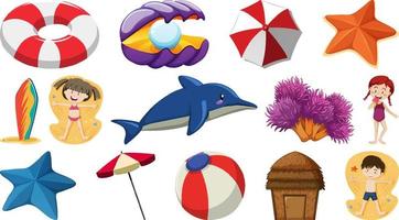 Set of summer beach objects and cartoon characters vector