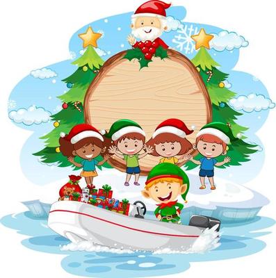 Empty banner with Christmas elves delivering gifts by a boat