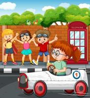 Outdoor scene with children racing car vector