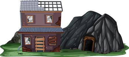 An abandoned house with a rock cave on white background vector