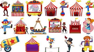 conjunto de personajes de circo y elementos del parque de atracciones. vector